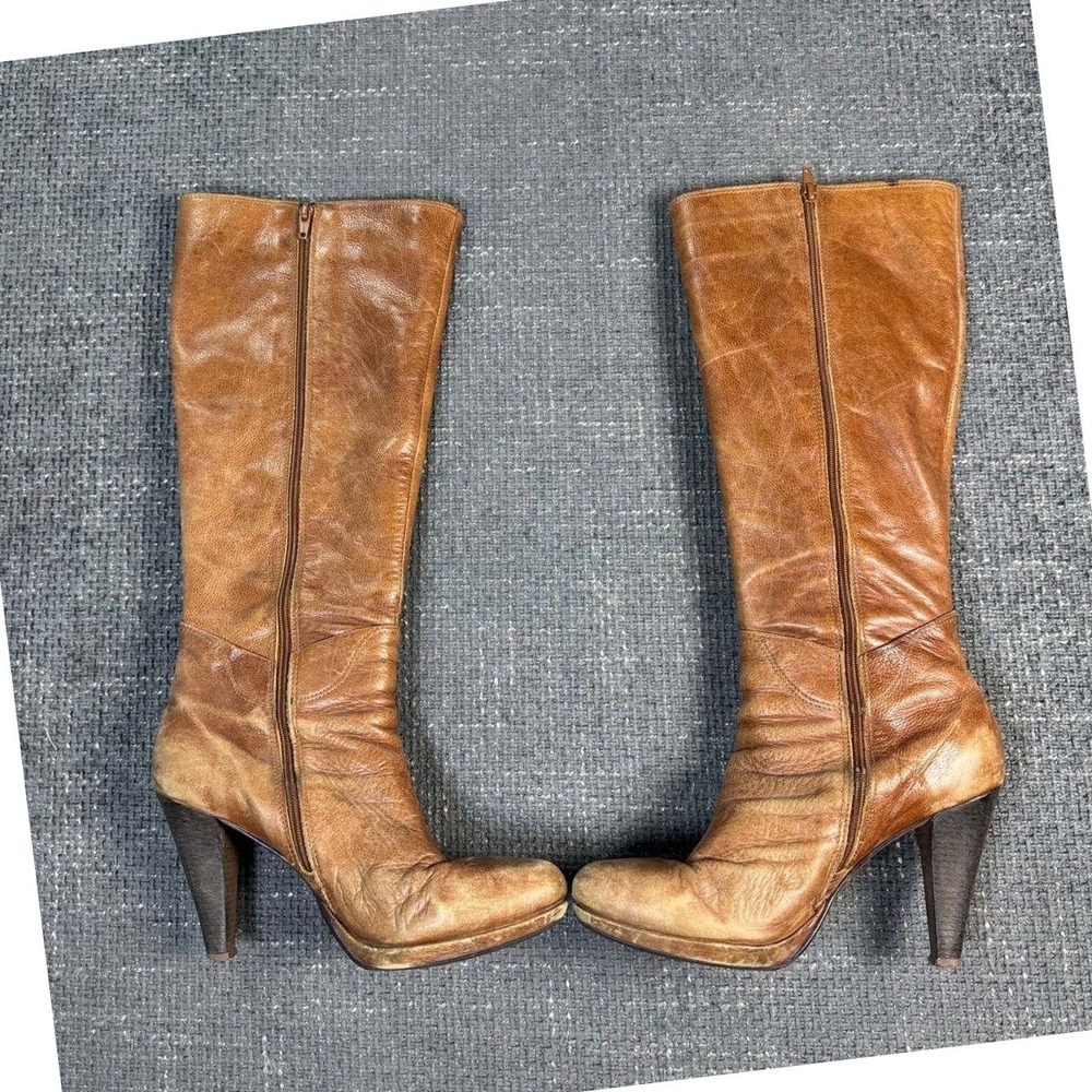 Tall Leather Boots Womens 6.5 Tan Distressed Y2K High Heel Zip